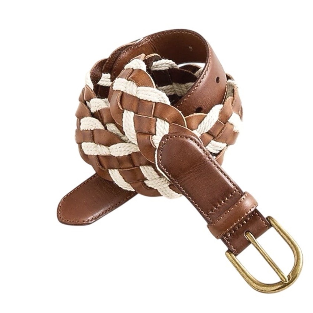 J.Crew Mens Braided Leather and Rope Belt Brown White Size 32 Brass Buckle